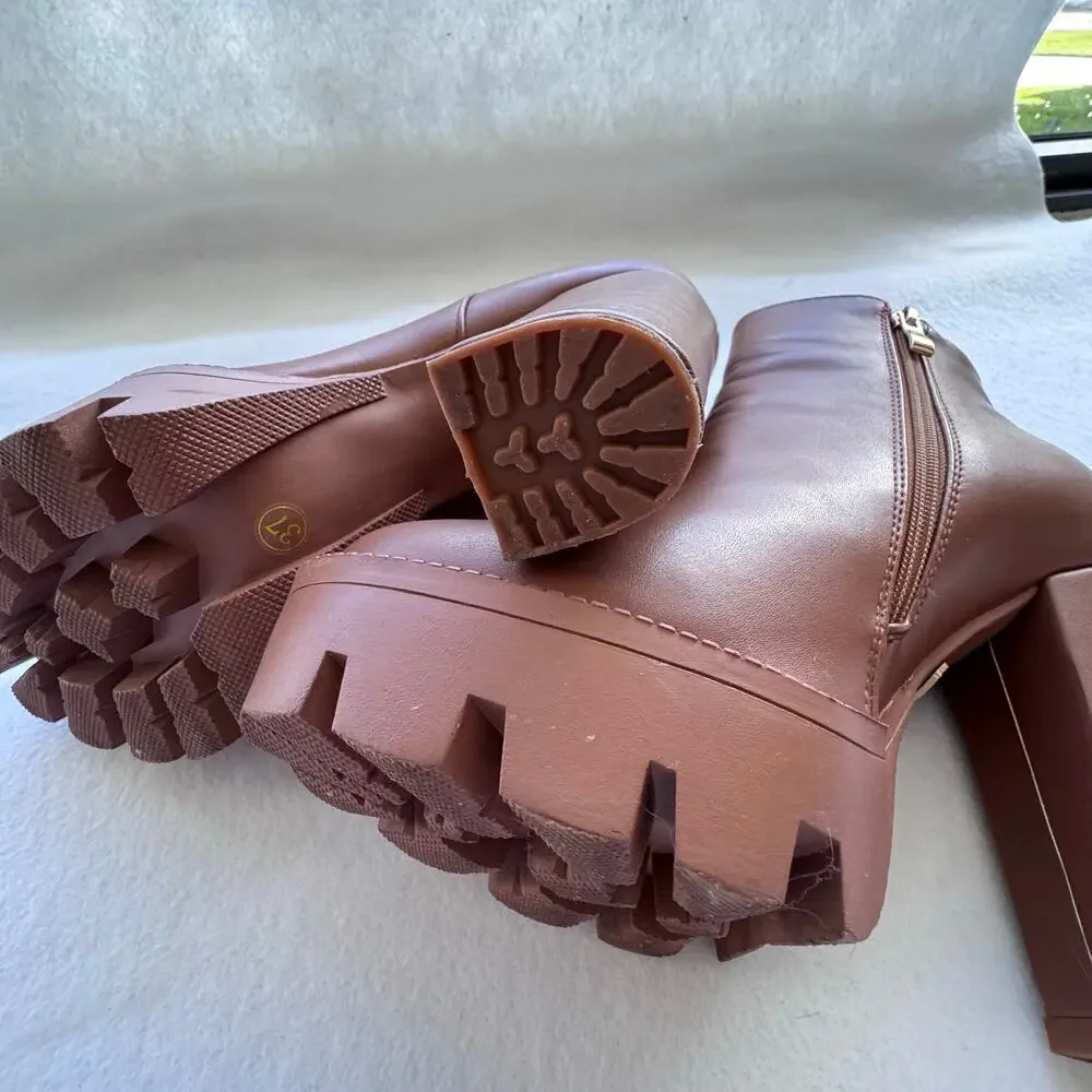 Studio F Chunky Platform Heeled Boots Size 37 – Brown Faux Leather Ankle Boots